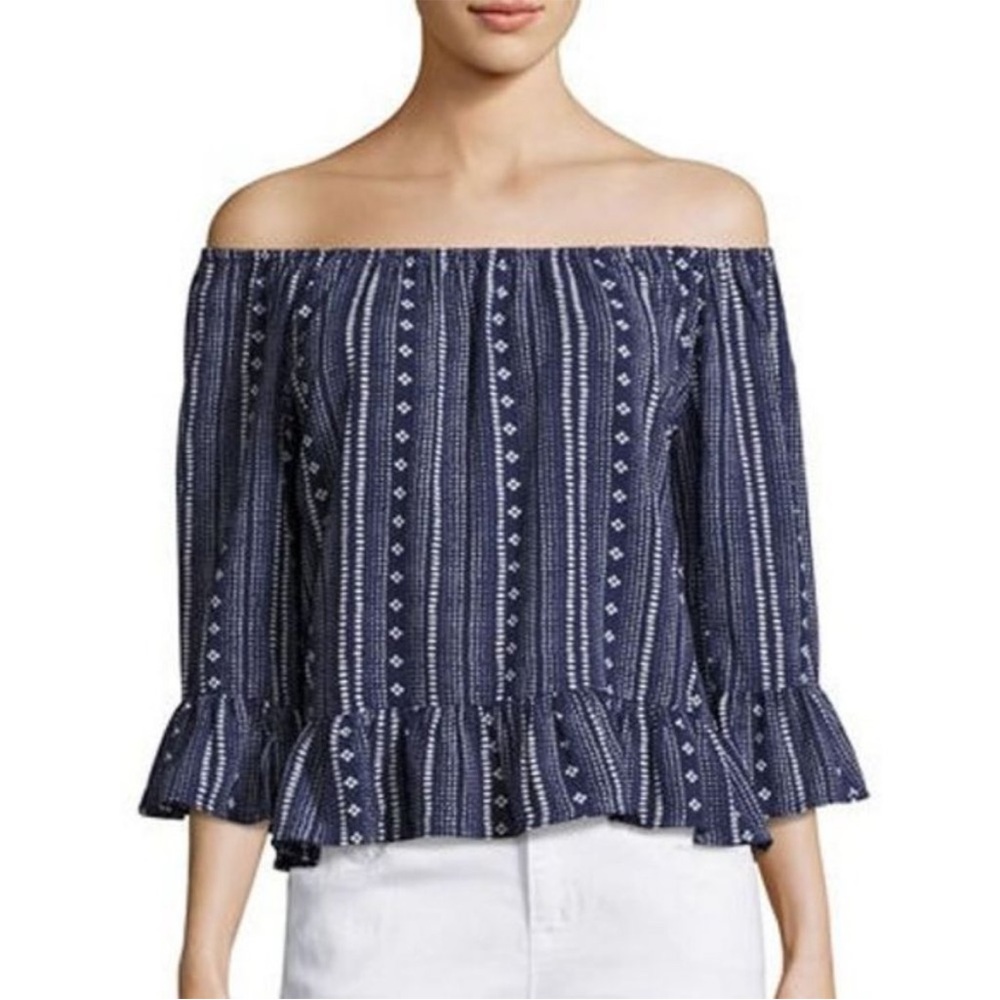 Anthropologie Sanctuary Off Shoulder Blue Boho Ruffle 3/4 Sleeve Blouse Medium